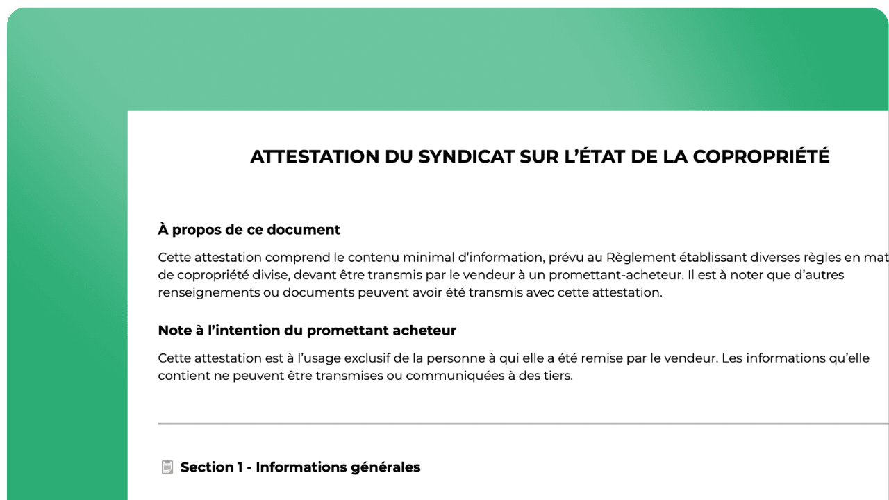 Aperçu de l'attestation du syndicat sur l'état de la copropriété