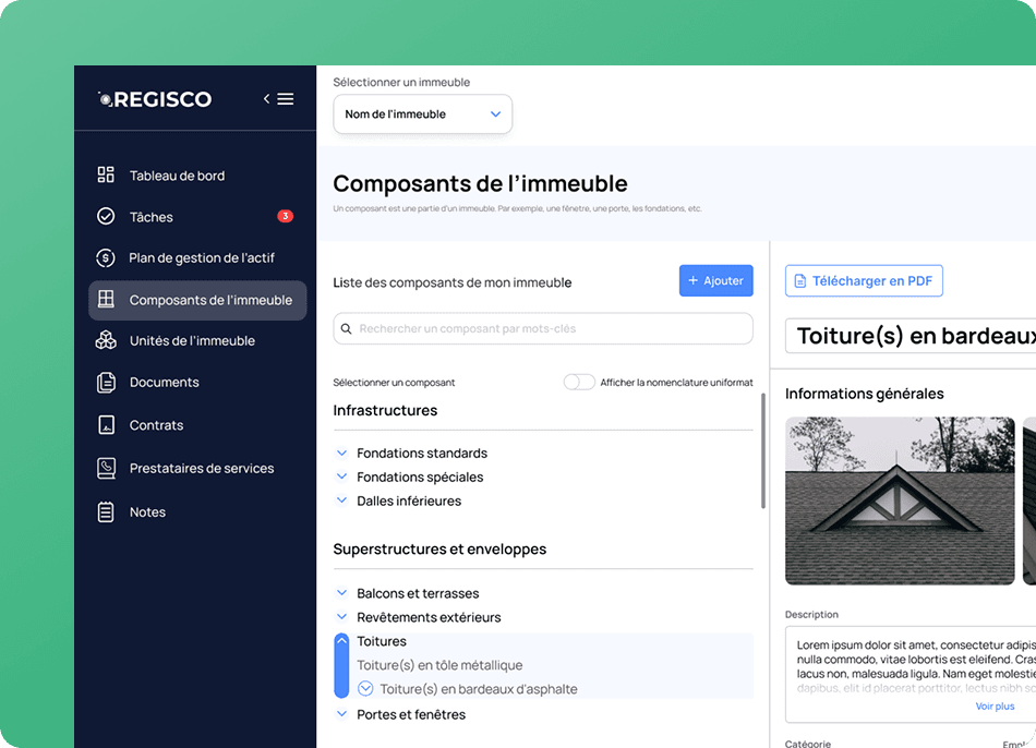 Inventaire des composants de l'immeuble dans Regisco