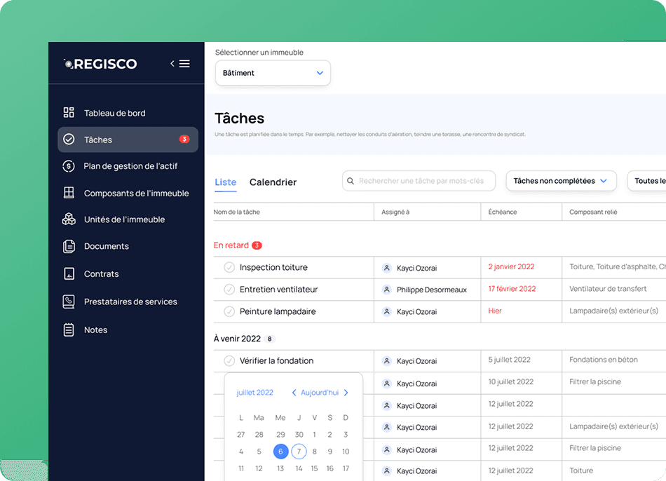 Calendrier des tâches d'entretien dans Regisco