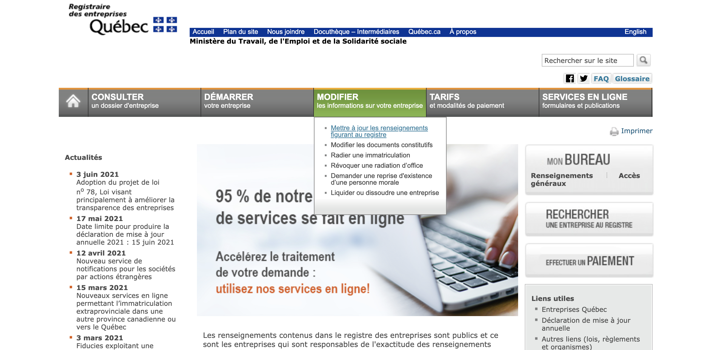 Capture d'écran du site internet http://www.registreentreprises.gouv.qc.ca/en/