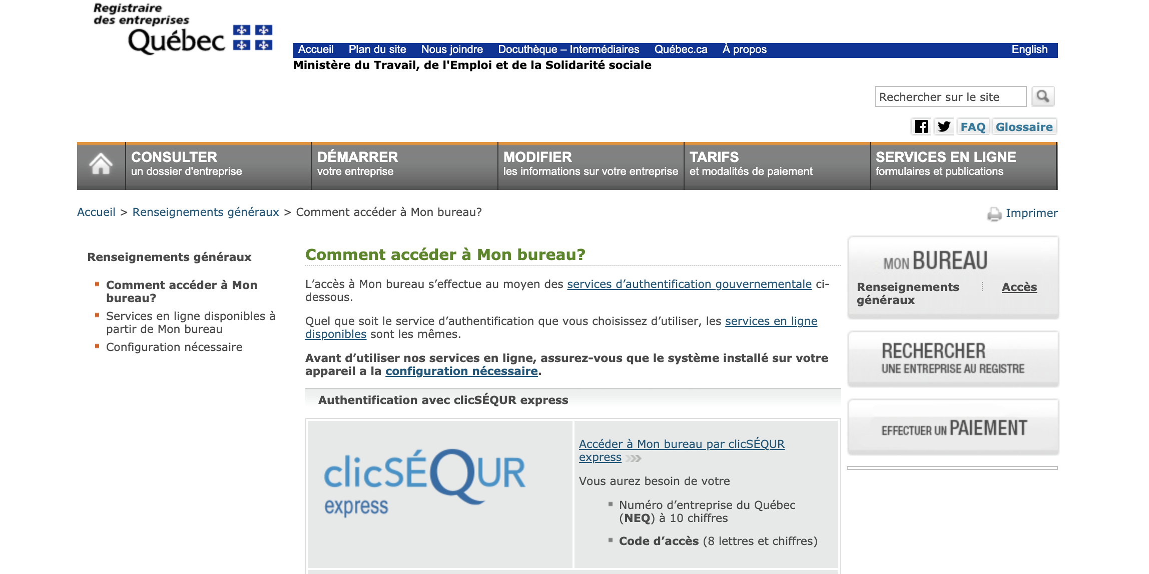 Page « Comment accéder à Mon bureau » du Registraire des entreprises du Québec (clicSÉQUR)